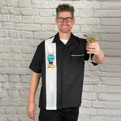 Scooter's loose, comfortable, and airy "Atomic Space Cat" Single Panel Bowling Shirt is great for all you cool cats out there! It features an embroidered Atomic Space Cat on single white panel on a black polyester shirt and features contrast piping on the breast pocket.  