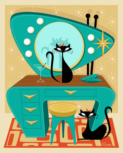 "Atomic Vanity Cats" is a fun retro, mid century modern styled high quality print of two black cats with an atomic vanity by the artist Scooter. All prints are professionally printed, packaged, and shipped. Choose from multiple sizes and mediums.