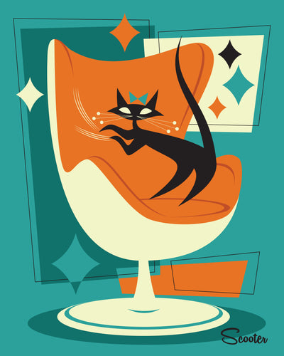 "Cat Scratch Fever" is a retro mid-century styled high quality print of a mischievous black kitty scratching on an egg chair by the artist Scooter. All prints are professionally printed, packaged, and shipped. Choose from multiple sizes and mediums.
