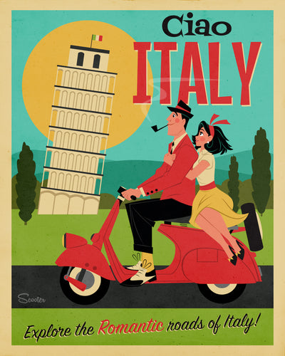 ‘Ciao Italy’ is a mid-century modern, travel poster styled high-quality print, of Johnny and June Atomic, scootering through Italy by the Leaning Tower of Pisa, by the artist Scooter. All prints are professionally printed, packaged, and shipped. Choose from multiple sizes and mediums. 