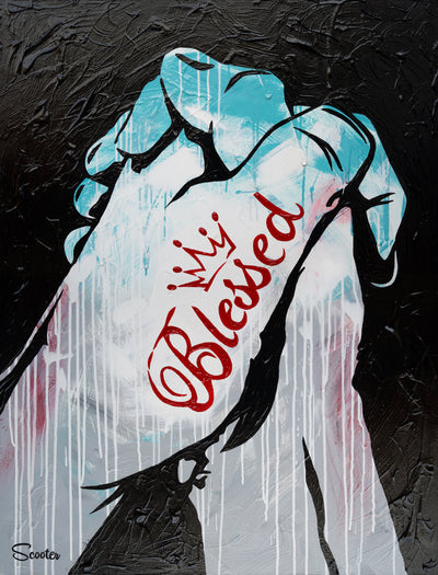 “Destiny” is a high-quality print of Scooter's original painting of two hands clasped together with the word ‘Blessed’ tattooed on them. All prints are professionally printed, packaged, and shipped. Choose from multiple sizes and mediums.