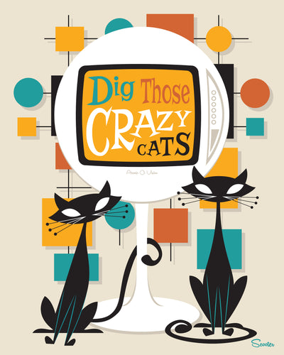 "Dig Those Crazy Cats" is a fun, mid century modern styled high quality print of two crazy black cats with a retro vibe by the artist Scooter. All prints are professionally printed, packaged, and shipped. Choose from multiple sizes and mediums.