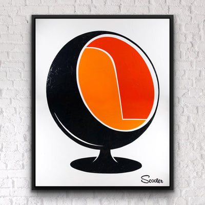 “The Invitation” is a mid-century modern styled original painting, designed after the infamous Balloon chair of the mid-century and meant to be a reminder of the iconic furniture of that era. It’s a 51x63" original acrylic painting on canvas and float mounted in a 2" deep black wooden frame, ready to hang by the artist Scooter.