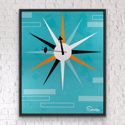 “New Season” is a mid-century modern styled original painting, designed after the starburst clocks of the mid-century modern era. It’s a 51x63" original acrylic painting on canvas and float mounted in a 2" deep black wooden frame, ready to hang by the artist Scooter.