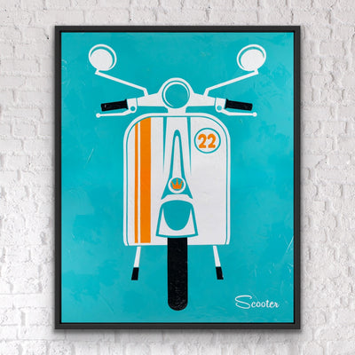 “Joy Riding” is a mid-century modern styled original painting of a retro scooter from the mid-century modern era. It’s a 51x63" original acrylic painting on canvas and float mounted in a 2" deep black wooden frame, ready to hang by the artist Scooter.