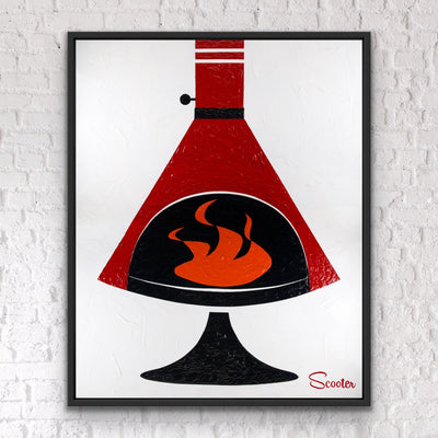 “Heart of Passion” is a mid-century modern styled original painting of a retro Pemway fireplace from the mid-century modern era. It’s a 51x63" original acrylic painting on canvas and float mounted in a 2" deep black wooden frame, ready to hang by the artist Scooter.