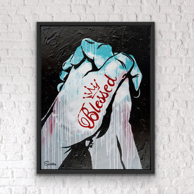 “Destiny” is an original painting of two hands clasped together with the word ‘Blessed’ tattooed on them. It’s a 36x48" original acrylic painting on canvas and float mounted in a 2" deep black wooden frame, ready to hang by the artist Scooter. 