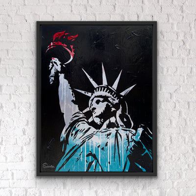 “Liberty” is an original painting of the Statue of Liberty. It’s a 36x48" original acrylic painting on canvas and float mounted in a 2" deep black wooden frame, ready to hang by the artist Scooter.