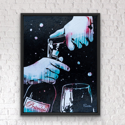“Priceless” is an original painting of uncorking a priceless bottle of wine. It’s a 36x48" acrylic painting on canvas and float mounted in a 2" deep black wooden frame, ready to hang by the artist Scooter.