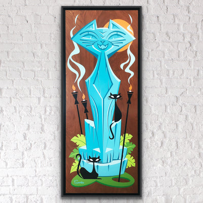 "Tiki pā’ina" (a.k.a “Tiki Cat Party”) is a 33x83" original acrylic painting on stained Birch wood and float mounted in a 2" deep black wooden frame, and ready to hang by the artist Scooter.