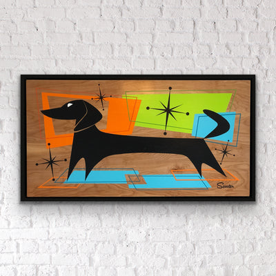 “Mister Peepers” is a 48x26" acrylic painting on stained birch wood fo a mid century modern styled dachshund. It's float mounted in a 2" deep black wooden frame, ready to hang by the artist Scooter.