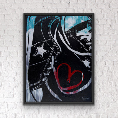 “Beautiful Chaos” is an original painting of tangled Chuck Taylor Converse laces, formed into a heart. It’s a 36”x48" original acrylic painting on canvas and float mounted in a 2" deep black wooden frame, ready to hang by the artist Scooter.