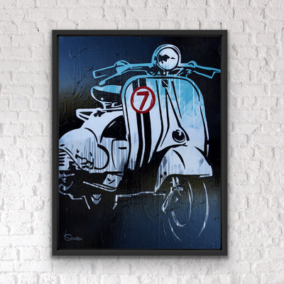 "Peace" is an original painting of a Vespa inspired scooter. It’s a 36”x48" original acrylic painting on canvas and float mounted in a 2" deep black wooden frame, ready to hang by the artist Scooter.