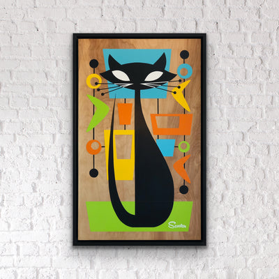 “Miss Whiskers” is a 26x42" acrylic painting on stained birch wood fo a mid century modern styled black cat. It's float mounted in a 2" deep black wooden frame, ready to hang by the artist Scooter.