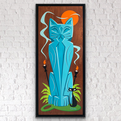 "Nani ele' ele anu" (a.k.a. “pretty black cat”) is a 33x83" original acrylic painting on stained Birch wood and float mounted in a 2" deep black wooden frame, and ready to hang by the artist Scooter.