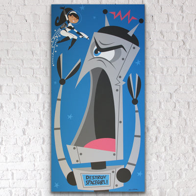 “Destroy Spacegirl” is a 48x96" acrylic painting of Spacegirl fighting a robot. This original painting is acrylic on particle board with a 1.5” deep wood frame, ready to hang by the artist Scooter.