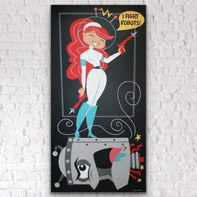 “Spacegirl: I Fight Robots!” is a 48x96" acrylic painting of Spacegirl standing proud as she killed a robot. This original painting is acrylic on particle board with a 1.5” deep wood frame, ready to hang by the artist Scooter.
