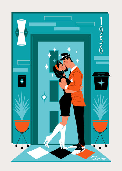 ‘Last First Kiss’ Print is a mid-century modern styled high-quality print, of Johnny and June Atomic, a retro couple kissing goodnight in front of a door from the mid-century modern era, by the artist Scooter. All prints are professionally printed, packaged, and shipped. Choose from multiple sizes and mediums.