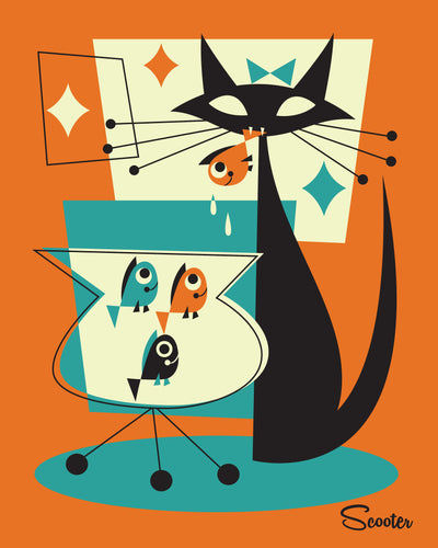 "Oh Fishy, Fishy, Fishy, Fish" is a retro mid-century styled high quality print of a mischievous black kitty fishing for fish by the artist Scooter. All prints are professionally printed, packaged, and shipped. Choose from multiple sizes and mediums.
