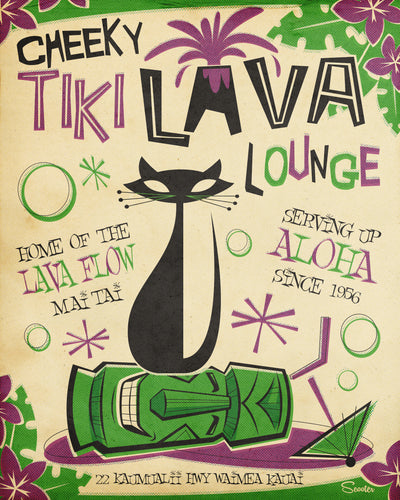 "Cheeky Tiki Lava Lounge" is a retro, mid-century modern, Tiki styled high-quality print by the artist Scooter. All prints are professionally printed, packaged, and shipped. Choose from multiple sizes and mediums. 