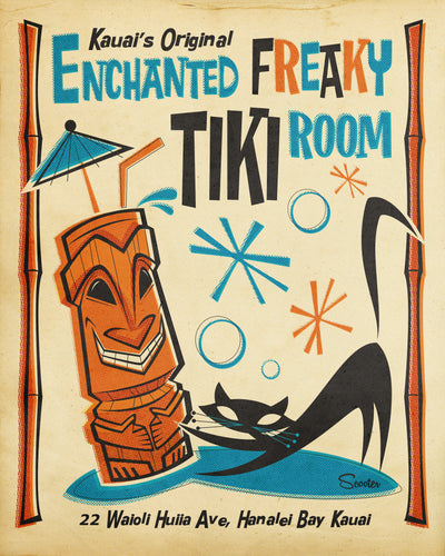 "Enchanted Freaky Tiki Room" is a retro, mid-century modern, Tiki styled high-quality print by the artist Scooter. All prints are professionally printed, packaged, and shipped. Choose from multiple sizes and mediums. 