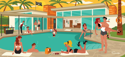 ‘I’ve Got You Under My Skin’ is a mid-century modern styled high-quality print of Frankie enjoying the Palm Springs sun poolside with friends by the artist Scooter. All prints are professionally printed, packaged, and shipped. Choose from multiple sizes and mediums.