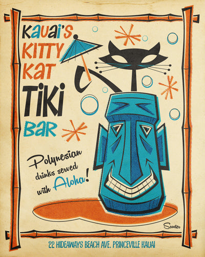 "Kitty Kat Tiki Bar" is a retro, mid-century modern, Tiki styled high-quality print by the artist Scooter. All prints are professionally printed, packaged, and shipped. Choose from multiple sizes and mediums. 