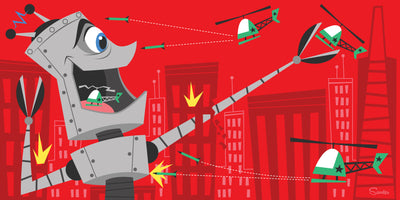 "Lunch in San Fran" is one of a collection of retro, mid century modern styled, high quality prints where robots, eat, kill and destroy cities by the artist Scooter. This robot is eating lunch in San Francisco. All prints are professionally printed, packaged, and shipped. Choose from multiple sizes and mediums.