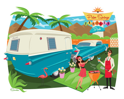"Palm Springs Camping" is a fun, mid century modern styled high quality print of a happy couple camping in a Relic custom trailer in Palm Springs by the artist Scooter. All prints are professionally printed, packaged, and shipped. Choose from multiple sizes and mediums.