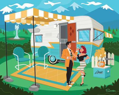 "Yellowstone Glamping " is a fun, retro mid-century modern styled high-quality print of a happy couple glamping in Yellowstone in their custom Shasta trailer by the artist Scooter. All prints are professionally printed, packaged, and shipped. Choose from multiple sizes and mediums.