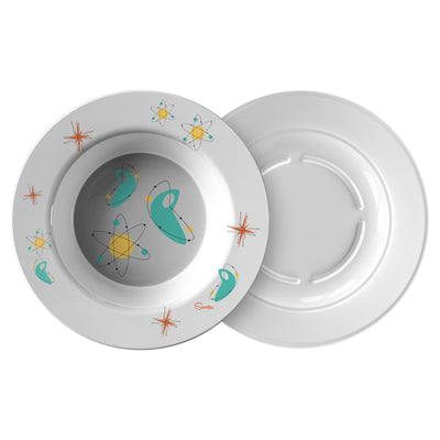 Scooter’s super fun, custom “Sci-Fi” Bowls are the perfect retro addition to any dinner table! The “Sci-Fi” design is inspired by the atomic retro, space shapes, colors and designs from the 1950’s. These bowls are manufactured from revolutionary ThermoSāf® Polymer that is: 