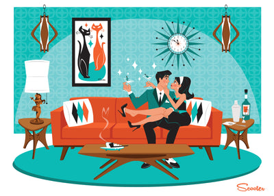 “Love is in The Air” is a high-quality print of a retro happy couple, inspired by the mid century modern era and Frank Sinatra, by the artist Scooter. All prints are professionally printed, packaged, and shipped. Choose from multiple sizes and mediums.