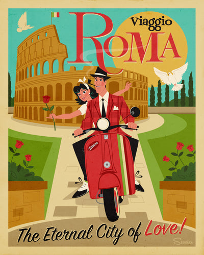 ‘Viaggio Roma’ is a mid-century modern, travel poster styled high-quality print, of Johnny and June Atomic, scootering around The Colosseum in Rome, by the artist Scooter. All prints are professionally printed, packaged, and shipped. Choose from multiple sizes and mediums.