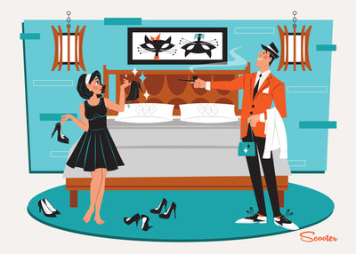 ‘Perfect Pair’ is a mid-century modern styled high-quality print, of Johnny and June Atomic, a retro couple deciding on a pair of shoes from the mid-century modern era, by the artist Scooter. All prints are professionally printed, packaged, and shipped. Choose from multiple sizes and mediums.