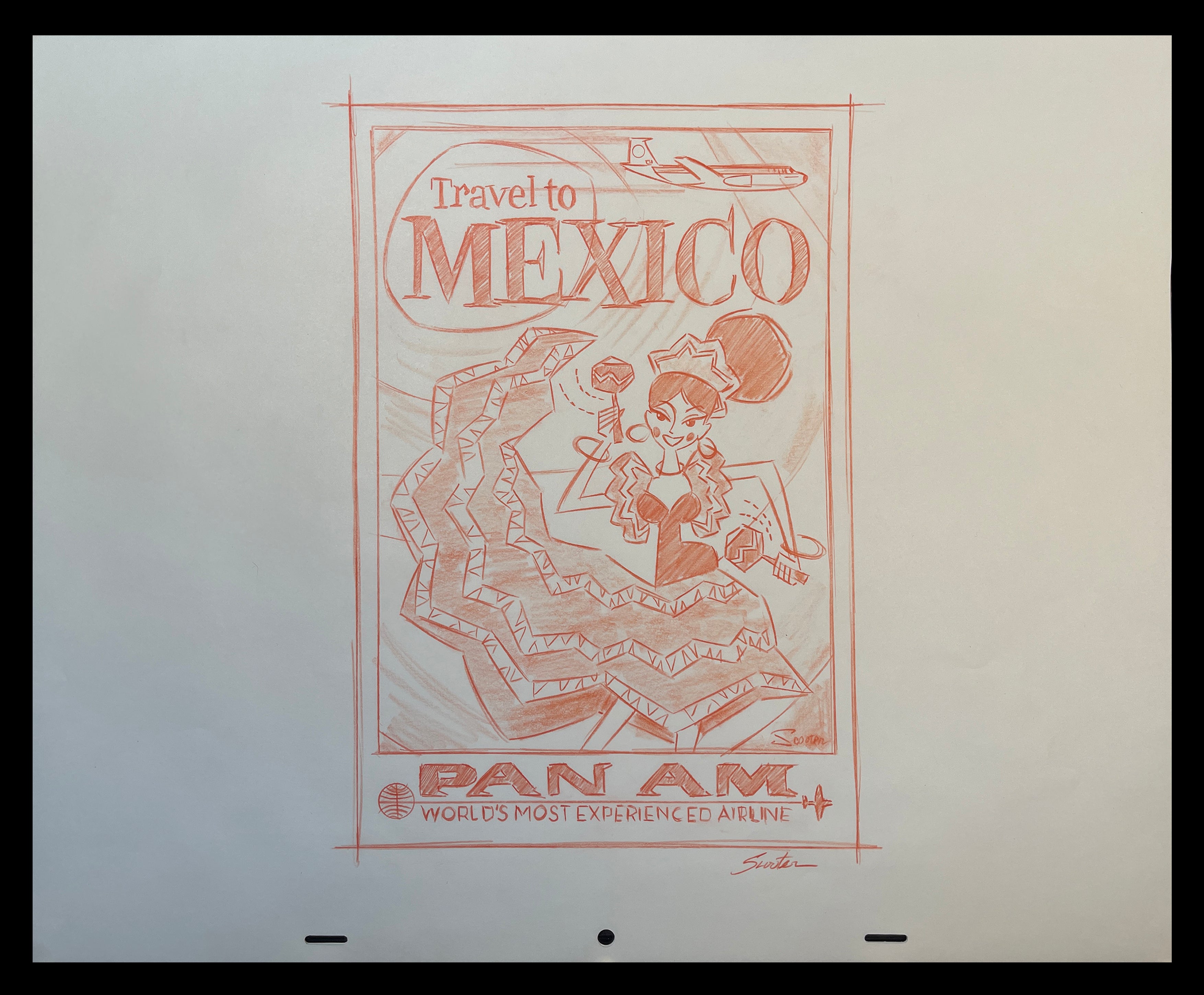 Mexico Pan Am Original Conceptual Sketch Art of Scooter