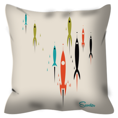 Elevate any outside space with Scooter’s retro designer “Retro Rockets” Outdoor Throw Pillows, crafted with weather-resistant fabric that prevents your design from fading. Keeping an assortment of comfy, mid century modern throw pillow designs on hand is the easiest way to give any outdoor space an instant refresh.  The “Retro Rockets” design is inspired by the vision of what futuristic rockets would look like back in the 1950's. The retro, fun shapes, colors and design