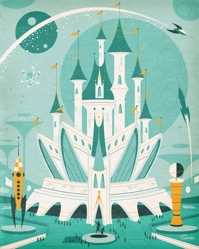 ‘Atomic Castle’ is a mid-century modern styled, high-quality print inspired by the vision of what a futuristic Magic Castle would look like back in the 1950's. The retro, fun shapes, colors and design also pay homage to my childhood influence of watching Flash Gordon. All prints are professionally printed, packaged, and shipped. Choose from multiple sizes and mediums.