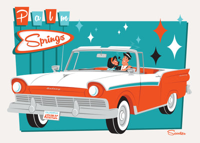 ‘Chasing Dreams’ is a mid-century modern styled high-quality print, of Johnny and June Atomic, a retro couple driving in a classic car from the mid-century modern era, by the artist Scooter. All prints are professionally printed, packaged, and shipped. Choose from multiple sizes and mediums.
