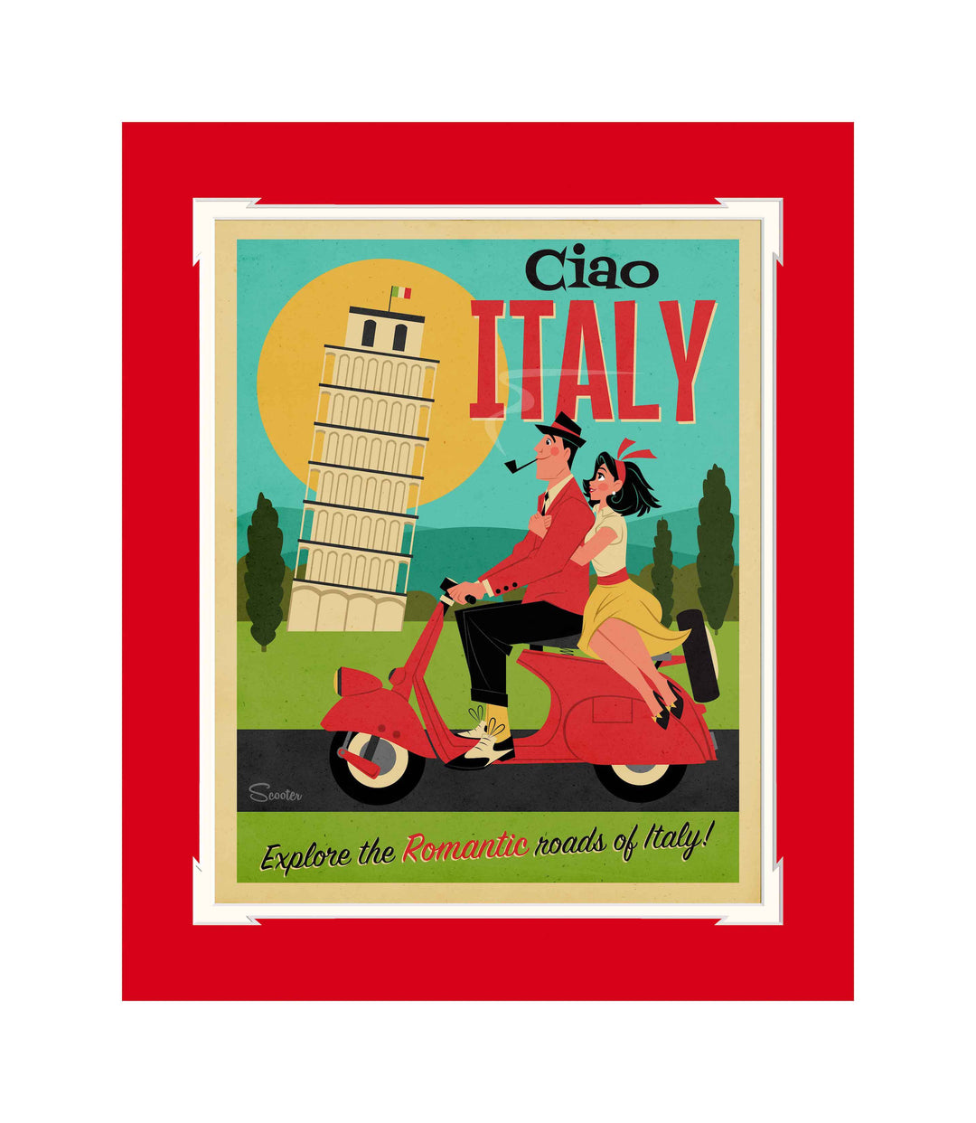 Tableau Canvas - Dame Italienne Sur Scooter Rouge - Poster Imprimé Sur Toile - Neuf Encadré