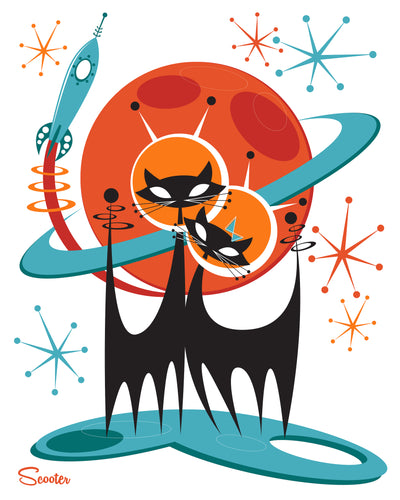 "Galactic Cats" is a mid-century modern styled high-quality print of retro cats in space by the artist Scooter. All prints are professionally printed, packaged, and shipped. Choose from multiple sizes and mediums.