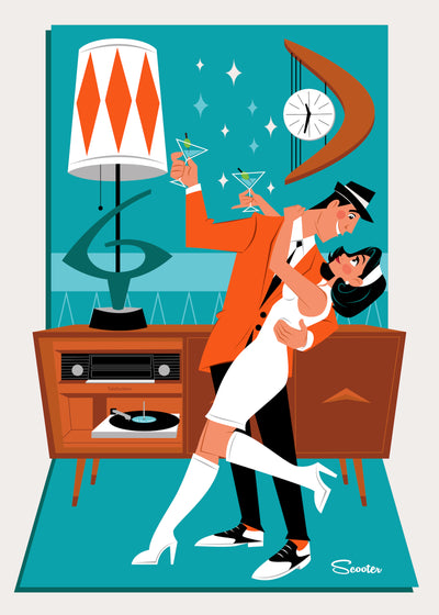 ‘Swept Away’ is a mid-century modern styled high-quality print, of Johnny and June Atomic, a retro couple dancing by a record player from the mid-century modern era, by the artist Scooter. All prints are professionally printed, packaged, and shipped. Choose from multiple sizes and mediums.