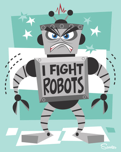"I Fight Robots 2" is one of a collection of retro, mid century modern styled, high quality prints of robots by the artist Scooter. All prints are professionally printed, packaged, and shipped. Choose from multiple sizes and mediums.