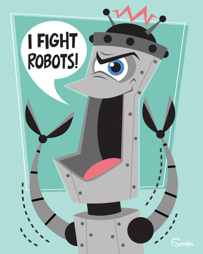 "I Fight Robots 4" is one of a collection of retro, mid century modern styled, high quality prints of robots by the artist Scooter. All prints are professionally printed, packaged, and shipped. Choose from multiple sizes and mediums.