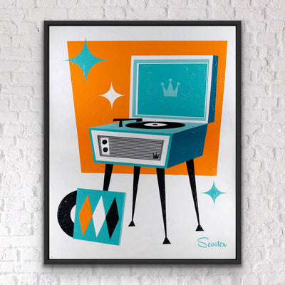 “Love Song” is a mid-century modern styled original painting of a retro record player from the mid-century modern era. It’s a 51x63" original acrylic painting on canvas and float mounted in a 2" deep black wooden frame, ready to hang by the artist Scooter.