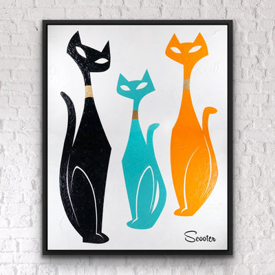 “Treasured Memories” is a mid-century modern styled original painting, modeled after the Sexton cats of the mid-century and meant to be a reminder, like the iconic cats of that era, the treasured things from our past. It’s a 51x63" original acrylic painting on canvas and float mounted in a 2" deep black wooden frame, ready to hang by the artist Scooter.
