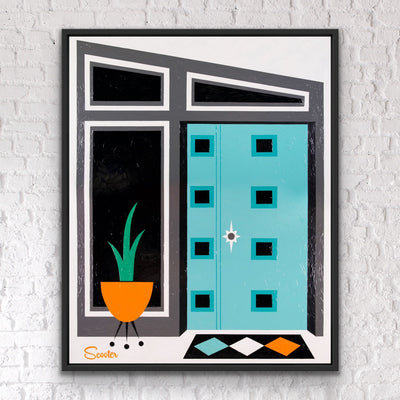 “Courageous Opportunity” is a mid-century modern styled original painting of a front door from the mid-century modern era. It’s a 51x63" original acrylic painting on canvas and float mounted in a 2" deep black wooden frame, ready to hang by Scott "Scooter" Burroughs.