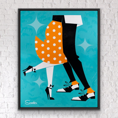 “Always Dance” is a mid-century modern styled original painting of a retro couple dancing. It’s a 51x63" original acrylic painting on canvas and float mounted in a 2" deep black wooden frame, ready to hang by Scott "Scooter" Burroughs.