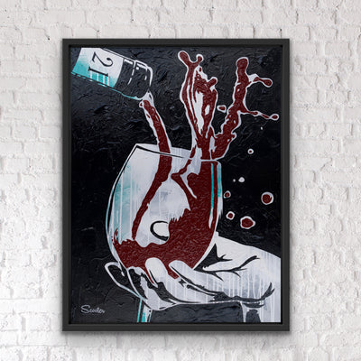 “Overflow” is an original painting of wine overflowing and spilling out of a wine glass. It’s a 36x48" original acrylic painting on canvas and float mounted in a 2" deep black wooden frame, ready to hang by the artist Scooter.