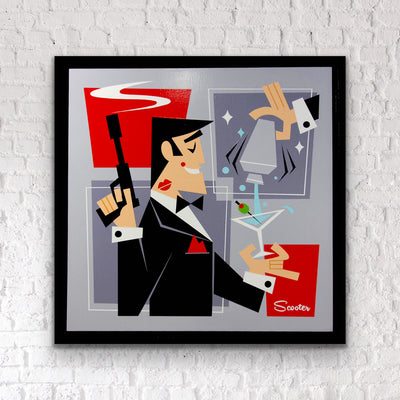 “Shaken Not Stirred”, a play on James Bond, is a 24x24" original acrylic painting on wood and float mounted in a 2" deep black wooden frame, and ready to hang by the artist Scooter.