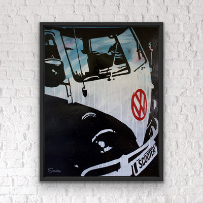 "Extravagant Love” is an original painting of a 1967 VW Bus. It’s a 36x48" original acrylic painting on canvas and float mounted in a 2" deep black wooden frame, ready to hang by the artist Scooter.